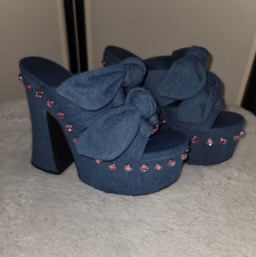 Sugar Thrillz Denim Platform Heels with Pink Accents Size 7